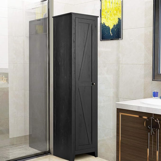 Giantex Tall Storage Cabinet Free Standing Floor Storage Tower with Four Shelves and Single Door, Narrow Cabinet for Bedroom, Living Room, Bathroom 17x16x72 Inch Utility Storage Cabinet (Black)