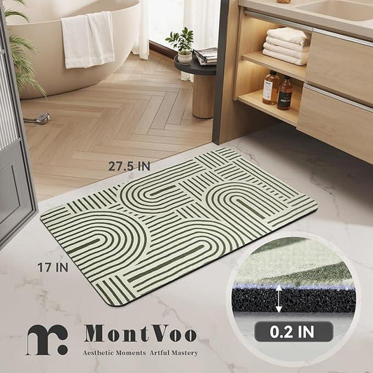 MontVoo -Bath Mat-Non Slip Thin Bathroom Rugs Fit Under Door- Quick Dry Absorbent Faux Suede Surface Grey Bathroom Floor Mats-Shower Rug for in Front of Bathtub Shower Ivory & Green Arched 17x27.5 - ModernBath