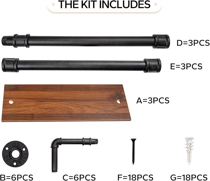3-Tier Industrial Pipe Floating Shelf – Rustic 60 inch Wood Wall-Mounted Storage Shelf for Kitchen Office,Bathroom & Home Decor -Walnut - ModernBath