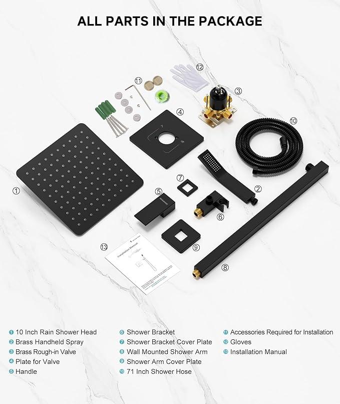 SR SUN RISE Shower System Bathroom 10 Inch Rainfall Shower Head & Handle Set Wall Mounted Rain Shower Faucet Set Matte Black - ModernBath