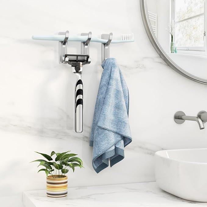 pickpiff Adhesive Wall Coat Hooks - Heavy Duty Stick-On Door Hanger, Metal Hook for Hanging Towel,Purse, Robe, Backpack, Jacket, Clothes - for Bathroom,Dorm, Closet, Kitchen - Silver, 4 Pack - ModernBath