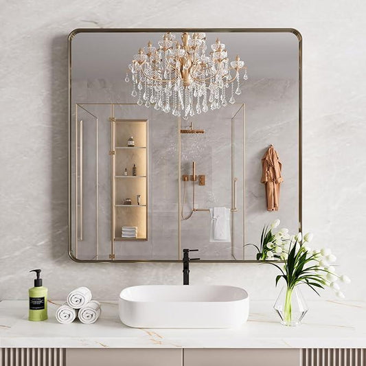 JISOSO Bronze Bathroom Mirror 36x36 Inch, Brushed Bronze Metal Frame Mirror for Wall, Rounded Rectangle Bathroom Vanity Mirror with Tempered Glass, Anti-Rust, Horizontal/Vertical - ModernBath