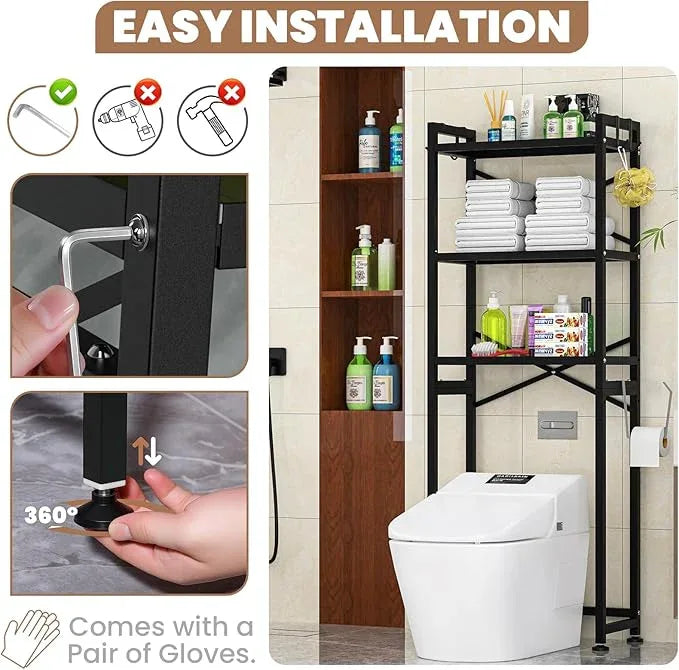 ZZL Over The Toilet Storage,3-Tier,Bathroom Toilet Organizer,Multifunctional Space Saver Freestanding Bathroom Shelves with 4 Hooks,Black - ModernBath