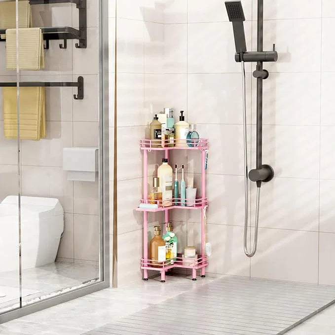 HapiRm Corner Shower Caddy Standing - 3 Tier Shower Organizer Corner with Soap Holder, Rustproof Bathroom Standing Organizer with 4 Hooks, Pink - ModernBath
