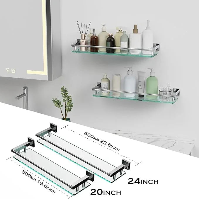 Glass Shelf for Bathroom Wall Sheves 24 inches Rectangular Stainless Steel Tempered Glass Modern Wall Mount Accessories Organizers Storage (Chrome Polished, 24‘’) - ModernBath
