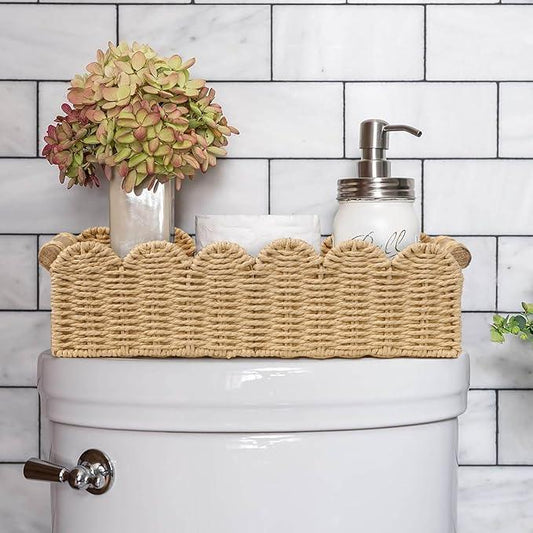 CubesLand Scalloped Edge Toilet Paper Storage Basket, Living Room Home Cozy Decor Basket, Paper Rope Small Baskets for Over Toilet Storage Shelf, End Table, Shelves, with 2 Wooden Handles, Beige - ModernBath