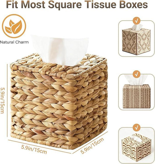 Rattan Tissue Box Cover, Square Wicker Tissue Box Holder, Handwoven Boho Decorative Cube Napkin Box, Rustic Water Hyacinth Tissue Holders for Bathroom Office Table Livingroom Local Stock - ModernBath