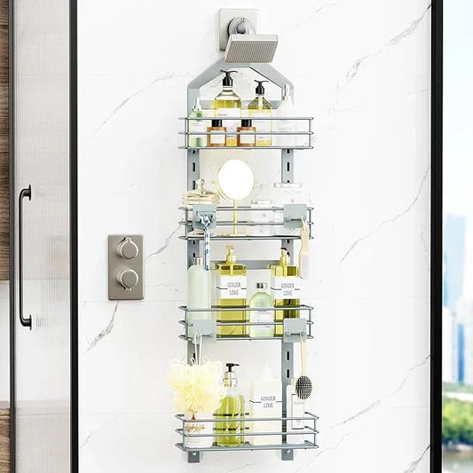 Orimade 4 Tier Adjustable Anti-slip Shower Caddy over Shower Head,Rustproof Bathroom Hanging shower Organizer with 4 Hooks for Razor,No Drilling Shower shelves Storage Rack, Light Grey - ModernBath