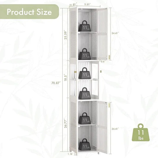 Amazer 70'' Tall Bathroom Storage Cabinet Bamboo, Slim Storage Cabinet with Rattan Door and Adjustable Shelves, Narrow Freestanding Organizer for Living Room Kitchen, White - ModernBath