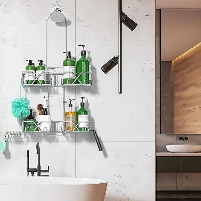 Sewulidon Stainless Steel Shower Caddy Hanging for Handheld Shower Heads,Rustproof Hose Shower Organizer Adjustable Length Shower Rack with 24 Hooks,Razor Holder,Soap Holder - ModernBath
