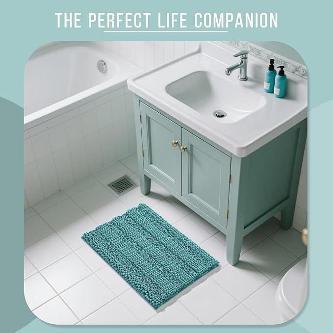 Yimobra Bathroom Rug Mat, Non Slip and Super Absorbent Bath Mat, Machine Washable Quick Dry, Ultra Plush Chenille Shower Rugs for Bathroom Floor Sink Tub and Shower Outside, Teal Blue, 24 x 17 - ModernBath