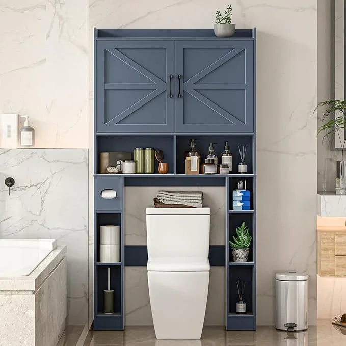 Over The Toilet Storage Cabinet, Farmhouse Toilet Cabinet Rack with Barn Doors, Space Saving Bathroom Organizer with Shelves, Toilet Paper Holder and Towel Rack for Bathroom,Restroom,Laundry,Blue - ModernBath