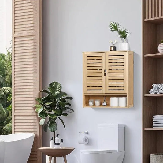 HYNAWIN Bathroom Wall-Mounted Medicine Cabinet - Over-The-Toilet Floating Bamboo Storage Organizer with Adjustable Shelf, Space-Saving for Kitchen, and Living Room - ModernBath