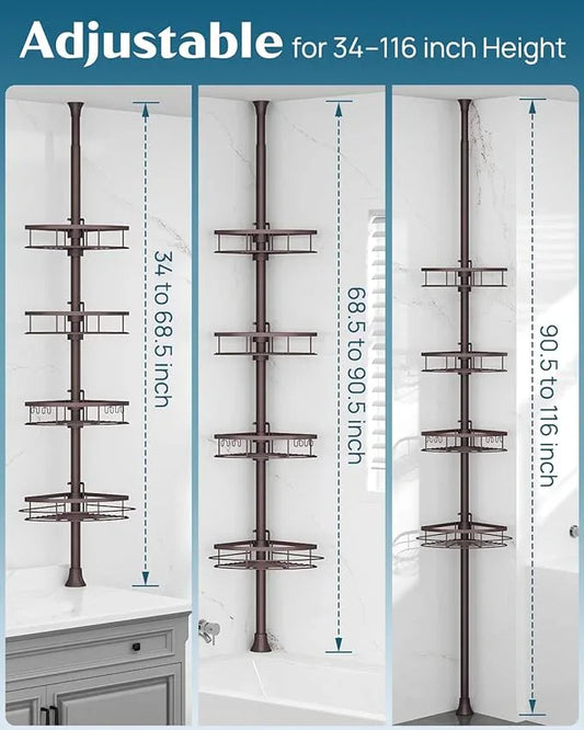 SEIRIONE Rustproof Shower Corner Caddy Organizer for Bathroom,Tension Pole with 4 Baskets, for Bathtub Storage Rack, 34 to 116 Inch Height, Bronze - ModernBath