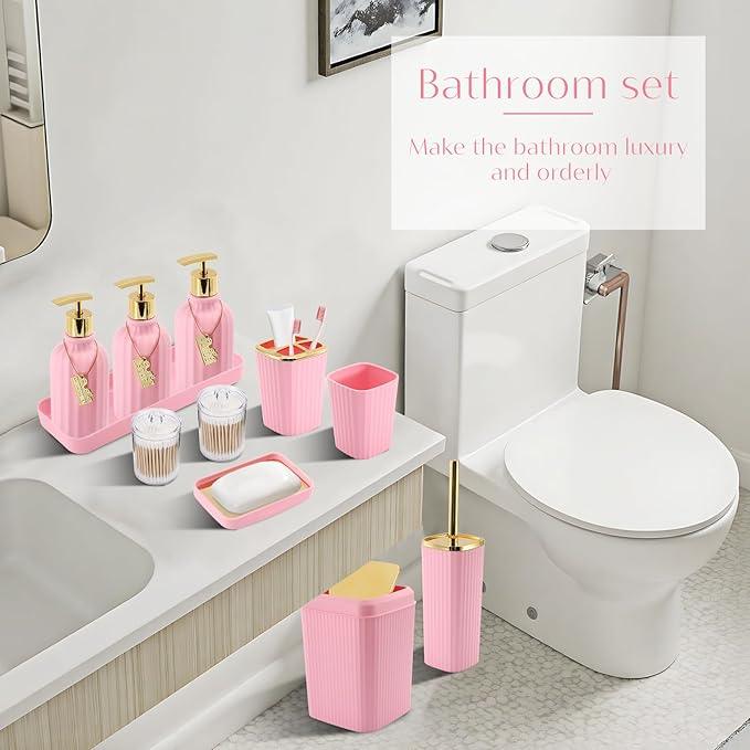 WSBArt 17PCS Bathroom Accessory Set Pink Bathroom Set Bathroom Accessories,Toilet Brush, Trash Can, Qtip Holder Dispenser& 3PCS Soap Dispenser - ModernBath