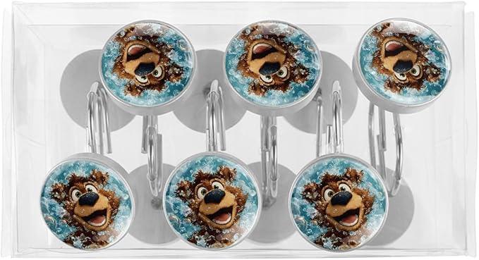Cartoon Brown Bear and Bubbles Shower Curtain Hooks 12Pcs, Decorative Rust Resistant Shower Rings for Shower Curtain Rods, Stainless Steel Round Curtain Hooks for Bathroom, Bedroom, Farmhouse - ModernBath