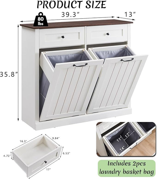 Double Tilt Out Laundry Hamper Cabinet, 20 Gallon Farmhouse Trash Can Cabinet with Drawer, Hidden Wood Garbage Can Bin Cabinets with Laundry Storage Basket for Bathroom, Kitchen (Antique White)