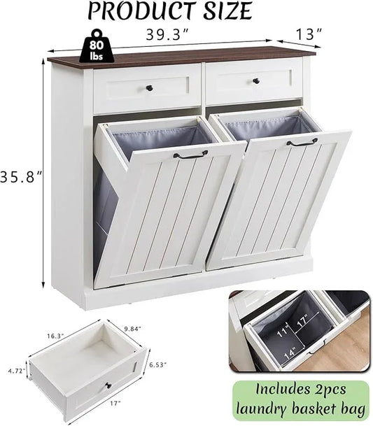 Double Tilt Out Laundry Hamper Cabinet, 20 Gallon Farmhouse Trash Can Cabinet with Drawer, Hidden Wood Garbage Can Bin Cabinets with Laundry Storage Basket for Bathroom, Kitchen (Antique White) - ModernBath