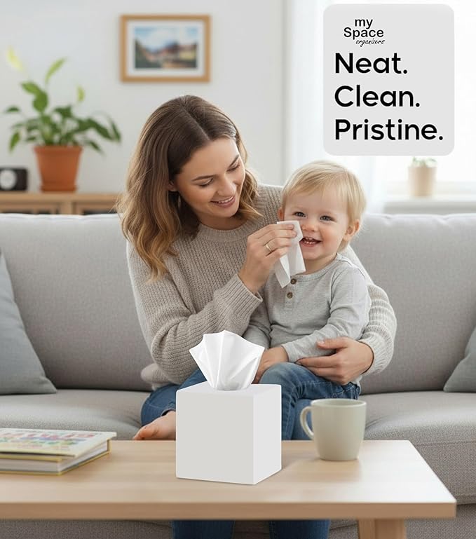 My Space Organizer - Premium Acrylic Tissue Cover | Fits Standard Square Tissue Box | White Cube Holder for Bathroom | 5.3" x 5.3" x 5.5"