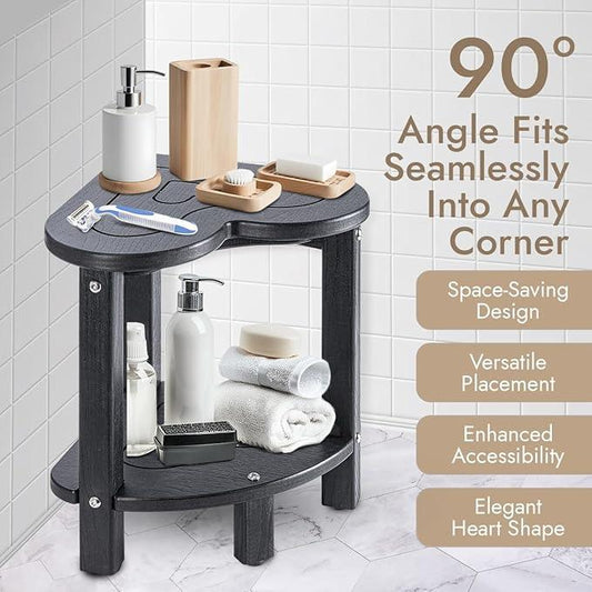UHA Corner Shower Stool for Inside Shower - Waterproof Corner Shower Bench, HDPE Plastic Bathroom Bench, Adjustable Height Corner Chair for Shaving Legs,Storage Shelf,Non-Slip Feet,Black - ModernBath