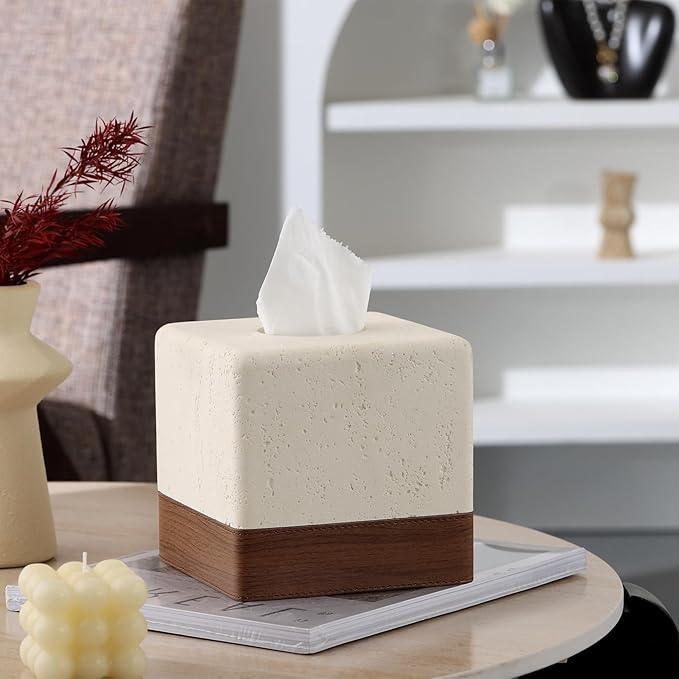 Haocoott Tissue Box Cover Square, Resin Facial Tissue Holder Covers Toilet Paper Holder Decorative Travertine Paper Dispenser Home Decor for Bathroom Bedroom Living Room Office - ModernBath