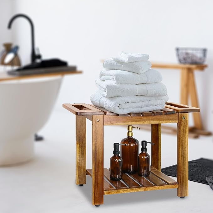 Shower Stool Bench Chair Waterproof with Storage Shelf for Shaving Legs, Spa, Bath Seat, Inside Shower Bench for Adults Seniors Elderly, Outdoor Side Table, Patio, Pool, End Table (24 in with Handle)