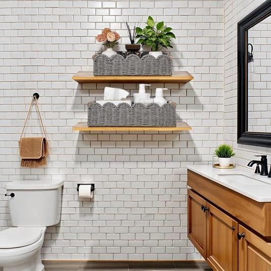 CubesLand Decorative Toilet Paper Storage Basket, Modern Farmhouse Home Decor Basket for Organizing, Scalloped Pantry Baskets for Shelves, Countertop, Living Room, w/Wood Handles, Grey 2 Sizes