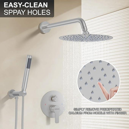 KOJOX 10 Inch Brushed Nickel Shower System with High Pressure Rain Shower Head, Handheld Shower Head, Bathroom Mixer Shower Set Wall Mounted Shower Faucet Rough-in Valve and Trim Kit - ModernBath