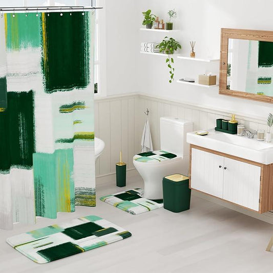 XLHOMO Bathroom Accessories Set - 25PC Bathroom Set with Shower Curtain and Rugs, Green Bathroom Set, Bathroom Accessory Set with Press-on Lid Trash Can, Soap Dispenser and Qtip Holders - ModernBath