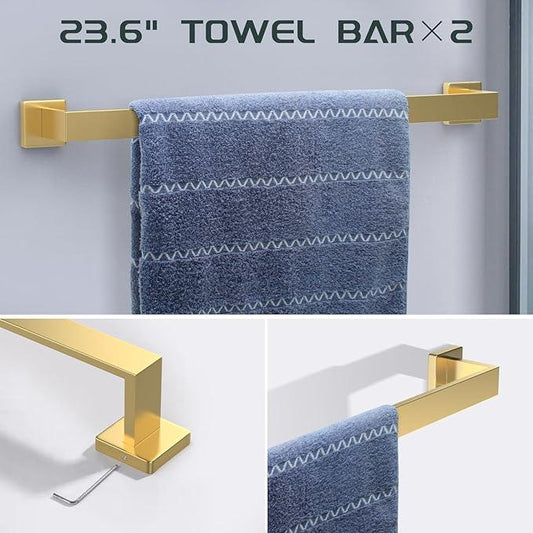 7 Piece Gold Bathroom Hardware Set with Brushed Gold Bathroom Accessories - Square 2 Towel Bars Towel Rack Stainless Steel 23-Inch - ModernBath