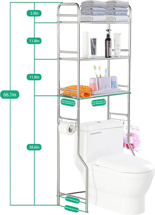 susunnus Over The Toilet Storage 3 Tier S,Bathroom Shelves Over Toilet,Freestanding Space Saver with Toilet Paper Holder,Stainless Steel,Pragmatic, Sturdy,Waterproof,Silver - ModernBath