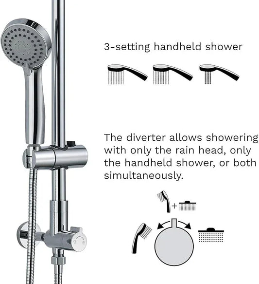 Fennocasa Polaris 1 Rain Shower System, includes 8” Rainfall Shower Head with High Pressure Handheld Combo, 3-Setting Handheld Spray, Height Adjustable Spray Holder, 60” Hose (Chrome) - ModernBath