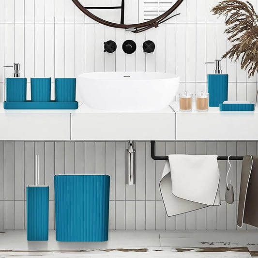XLHOMO Bathroom Accessories Set - Gorgeous Bathroom Set, 10PC Teal Bathroom Accessory Set, Toilet Brush, Trash Can, Qtip Holder Dispenser & Soap Dispenser