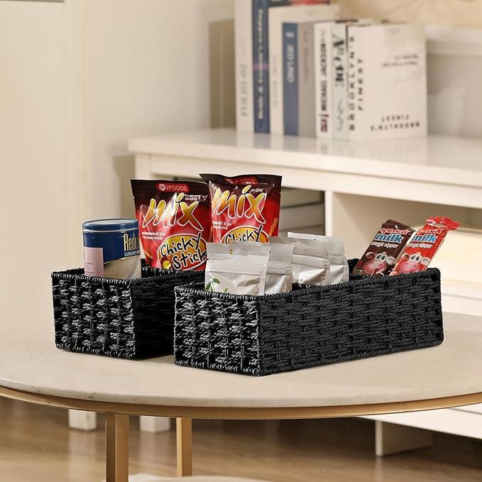 Vagusicc 3 Section Wicker Storage Basket, Hand-Woven Paper Rope Wicker Baskets for Organizing, Toilet Tank Basket, Black Baskets for Bathroom, 2-Pack, Black - ModernBath