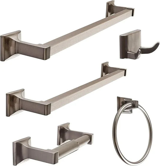SENTO Cellar Classic Bathroom Accessories Set, Heavy Duty Metal Bath Hardware Set Wall Mounted, Includes Robe Hook, Toilet Paper Holder, Towel Ring, 18” & 24” Towel Bar (5-Piece, Satin Nickel) - ModernBath