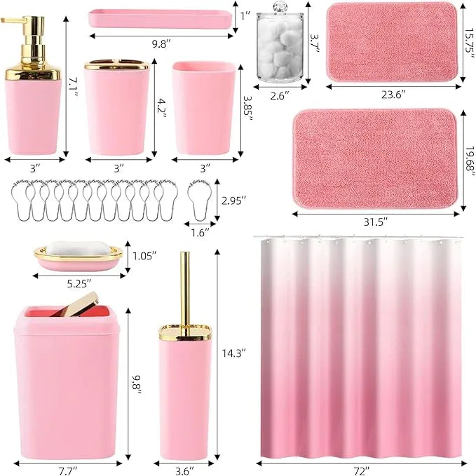 XLHOMO Bathroom Set - Pink Bathroom Sets with Shower Curtain and Rugs, 24PCS Shower Curtain Set with Hooks, Soap Dispenser, Soap Dish, Toilet Brush Holder and Trash Can for Housewarming - ModernBath