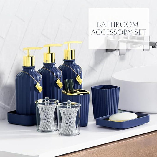 WSBArt 32PC Bathroom Sets with Shower Curtain and Rugs-Navy Blue Bathroom Accessories,Non Slip Bathroom Rugs Set with Toilet Lid Cover, Waterproof Shower Curtain, 3PC Soap Dispenser with Trash Can - ModernBath