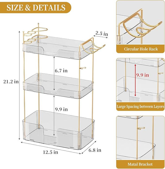 Bathroom Counter Organizer for Vanity, Makeup Organizer Countertop with Holder, Large Capacity Storage Rack, Perfect Large Skincare, Hair Care, Perfume, Easy to Install (Clear, 3Tiers)