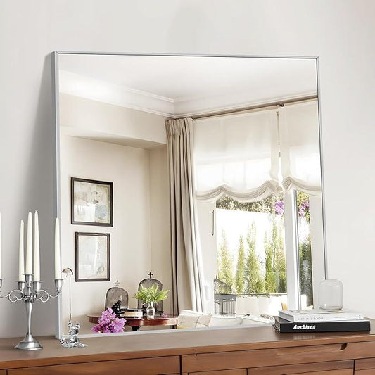 COFENY Silver Bathroom Mirror for Wall, 30x30 Inch Rectangle Mirrors with Metal Frame, Modern Vanity Wall Mirror Decor for Bathroom Living Room, Entryway Hangs Horizontal or Vertical - ModernBath