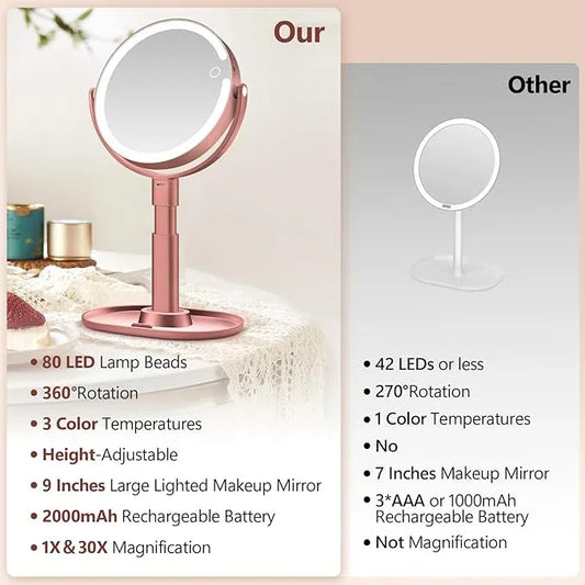 MIYADIVA Makeup Mirror with Lights, 30X Magnifying Mirror with Light and Touch Switch, Vanity Mirror with 3 Color Light and 80 LEDs, Height Adjustable Desk Mirror with Lights, Rose - ModernBath