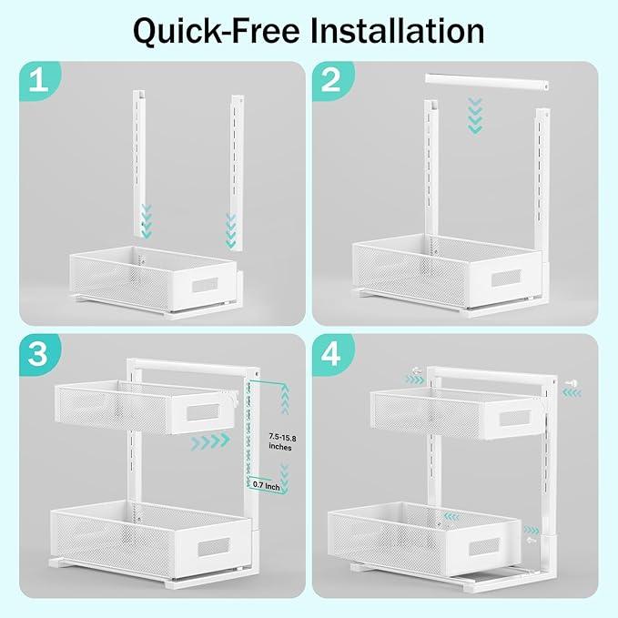 Under Sink Organizer Adjustable Height 2 Tier Bathroom Organizer Pull Out Cabinet Organer kitchen organizers and storage fridge organizers and storage,White,XL-1 Pack - ModernBath