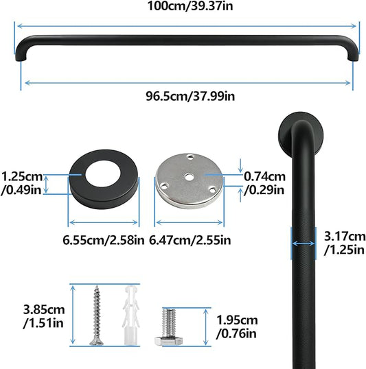 Rackickyer Shower Grab Bar, 2 Pack 39.4 Inch Black Bathroom Grab Bar, 1.25" Diameter 304 Stainless Steel Anti-Slip Grab Bars for Bathtubs and Showers, Handicap Shower Grab Bar for Seniors Elderly