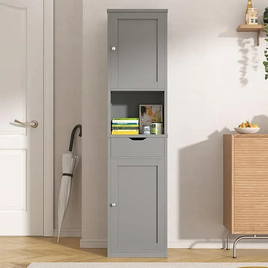 Vongrasig Tall Bathroom Storage Cabinet, 64”H Narrow Storage Unit for Small Spaces, Freestanding Modern Cabinet with Adjustable Shelves for Bathroom, Living Room, Kitchen, Grey - ModernBath
