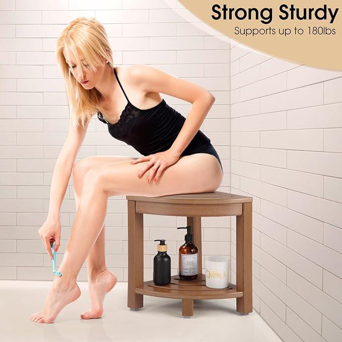Apolimi HDPE Corner Shower Stool,Shower Bench Seat with Storage Shelf for Shaving Legs Plastic Spa Bath Step Foot Rest for Bathroom Small Place (Teak) - ModernBath