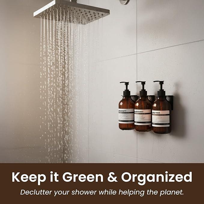 MaisoNovo Shampoo and Conditioner Dispenser - Shower Soap Dispenser Wall Mounted - 16.9 fl oz Set of 3 Amber Plastic Bottles Black Pump - 3 Chamber No Drill - ModernBath