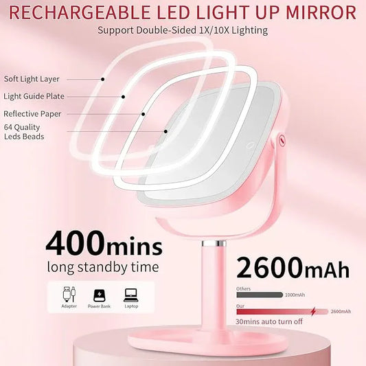 Lighted Makeup Mirror, 2600mAh Rechargeable 1x/10x Magnifying Vanity Mirror, 8.5" Height Adjustable Makeup Mirror with Lights 3 Color, 360° Rotation 2-Sided Light up Large Desk Mirror - Pink - ModernBath