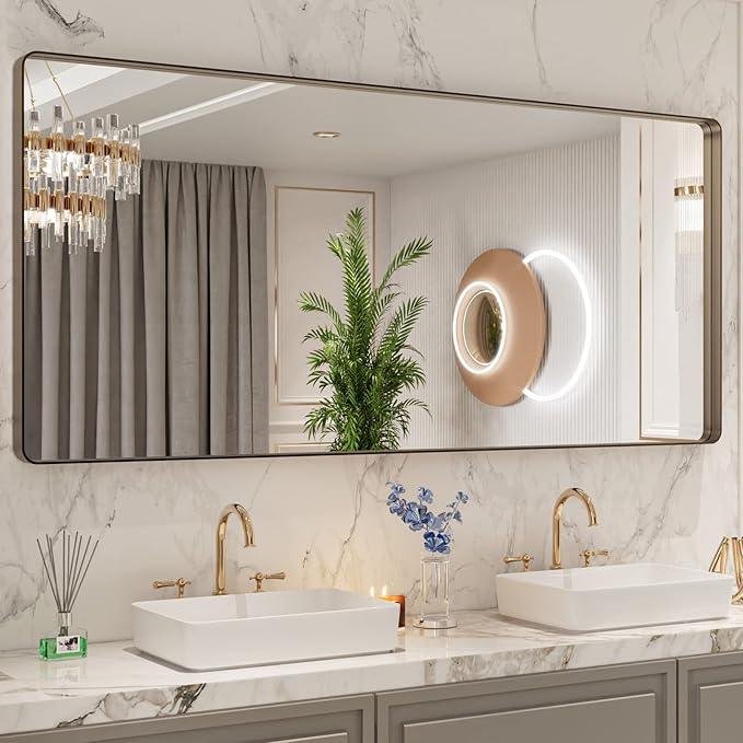LOAAO 72”X32” Bronze Bathroom Mirrors for Vanity, Rounded Rectangle Brushed Bronze Metal Frame Mirror, Anti-Rust, Tempered Glass, Hangs Horizontally or Vertically - ModernBath