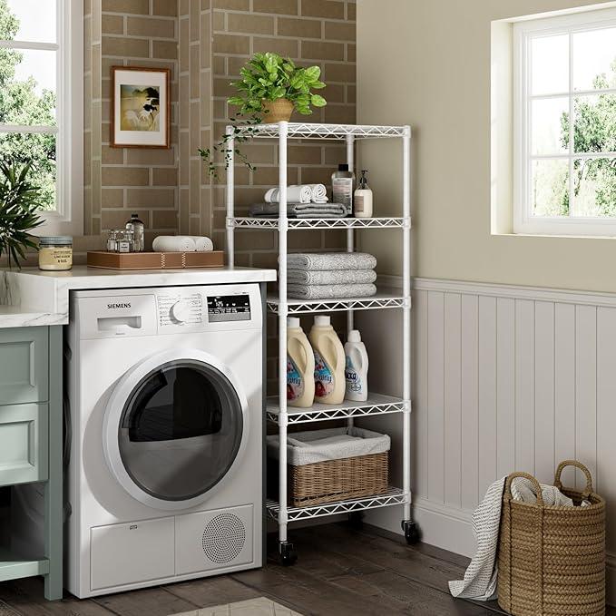 Small 5 Tier Shelves Storage Wire Shelving Unit Metal Shelf Adjustable Organizers Storage Shelving with Wheels for Bathroom Laundry Room Kitchen Pantry12”D x 18”W x 57.2”H White - ModernBath