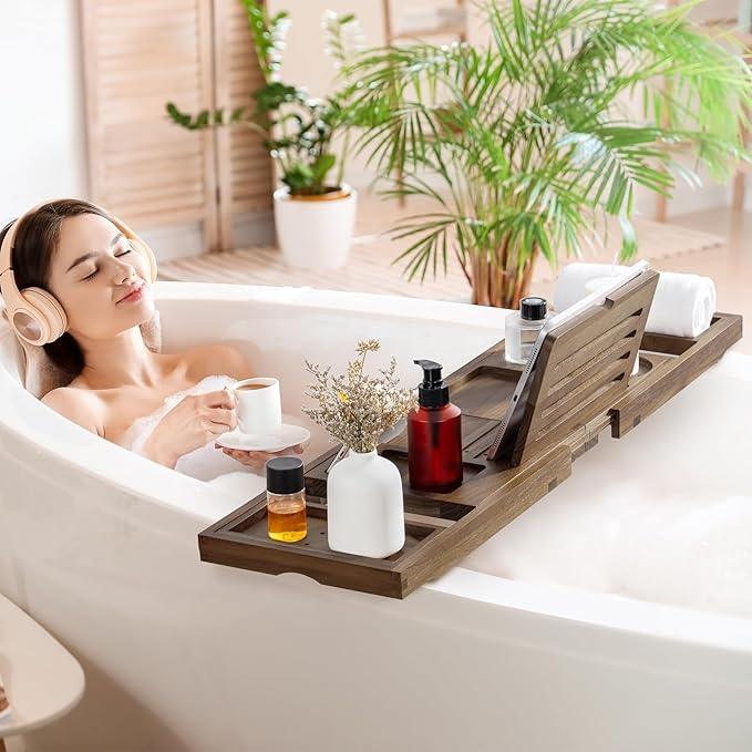 Teak Bathtub Tray - Luxury Bath Tray with Expandable Handles, Wine Glass and Phone Holders, Book Stand - Perfect for Home Spa Relaxation and Reading - Natural Bath Accessories - Dark Walnut Color - ModernBath