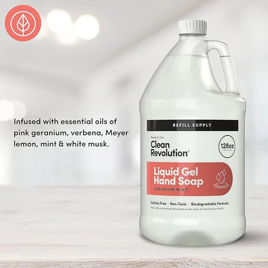 Clean Revolution Liquid Gel Hand Soap, Silky Rich Liquid, Quick Lather, Fast Rinsing, Contains Real Essential Oils (Geranium Mint) 128 Fl Oz - ModernBath